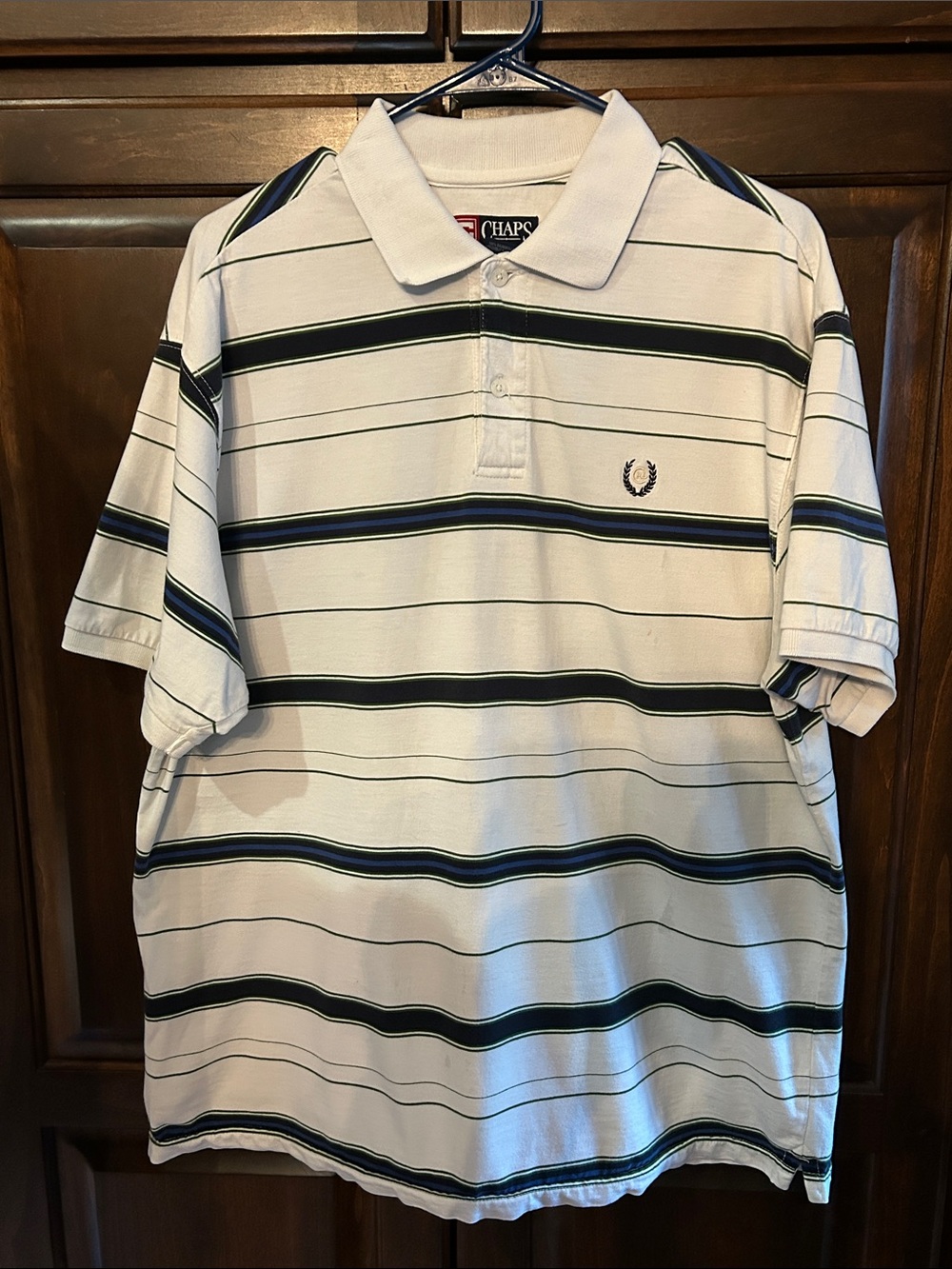 Chaps Ralph Lauren Sz L White Polo with Navy Stripes and crest